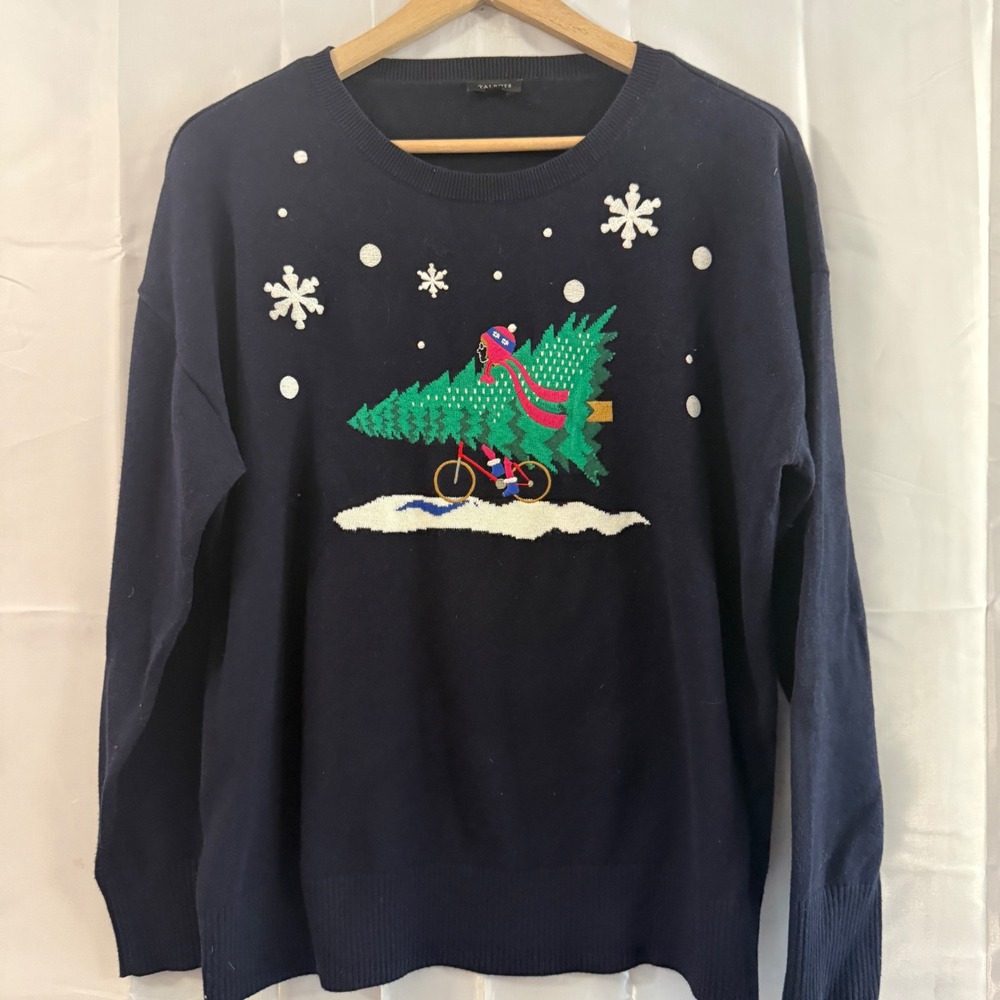 Talbots Navy Blue Christmas Tree Bicycle Ugly Sweater Snowflakes  L Grandma